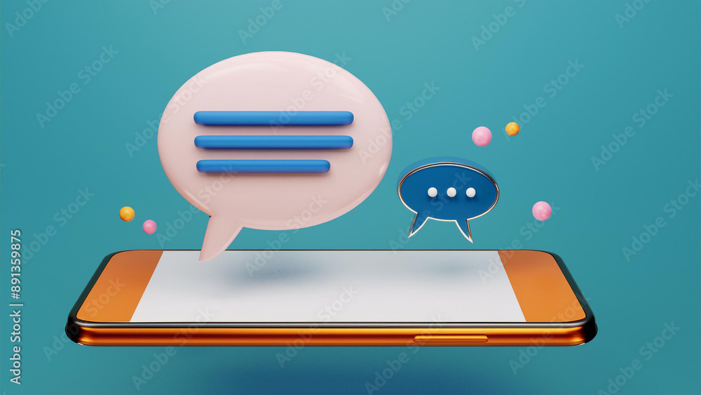 Fototapete 3d render smartphone with chatting bubble on social media application. user interface for web banner