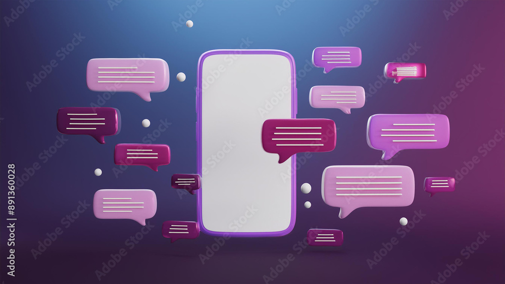 Fototapete 3d render smartphone with chatting bubble on social media application. user interface for web banner