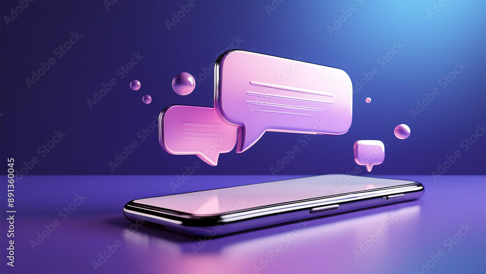 Fototapete 3d render smartphone with chatting bubble on social media application. user interface for web banner