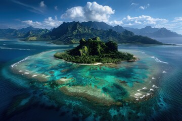 An aerial image captures a picturesque, mountainous island with rolling hills and lush greenery, surrounded by blue ocean waters and distant islands under a bright sky.