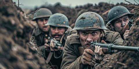 Trench Warfare Tactics: Soldiers crouched in a trench, weapons at the ready