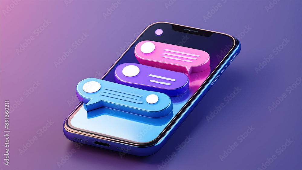 Fototapete 3d render smartphone with chatting bubble on social media application. user interface for web banner