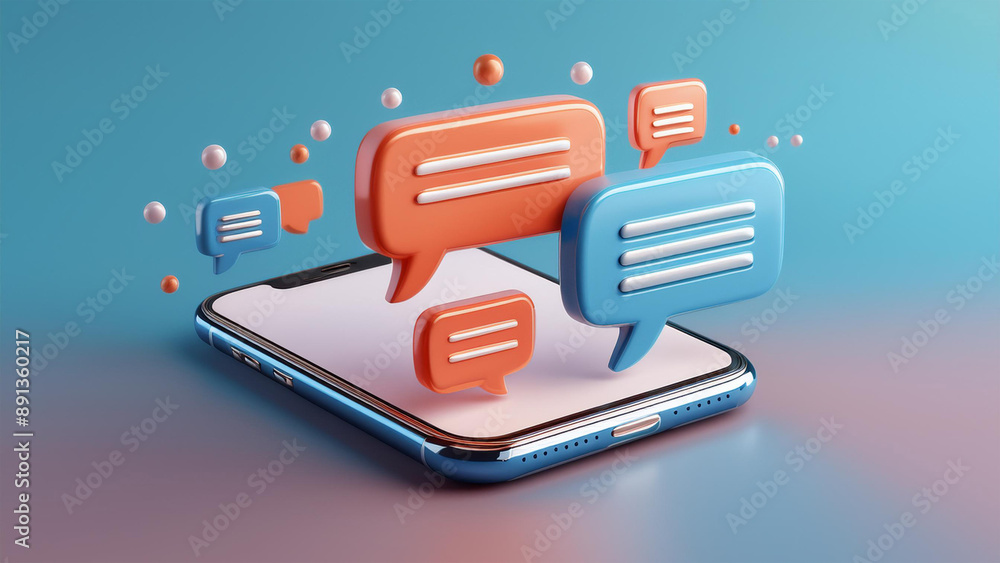 Fototapete 3d render smartphone with chatting bubble on social media application. user interface for web banner