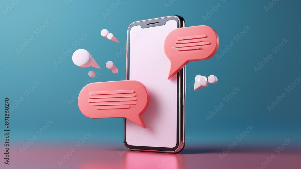Poster 3d render smartphone with chatting bubble on social media application. user interface for web banner