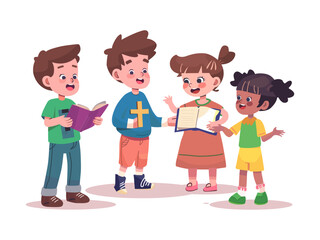 child holding bible with friends cartoon kids illustration religious christian