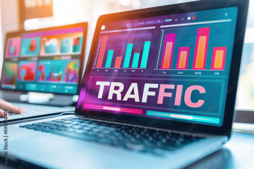 Poster marketing manager is analyzing website traffic data on a laptop, with colorful graphs and charts dis