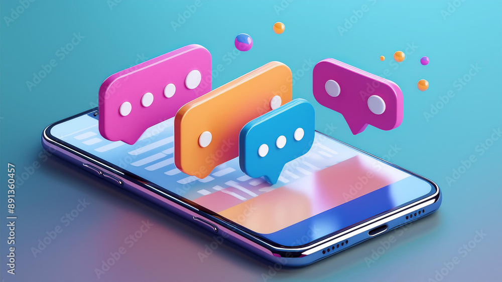 Fototapete 3d render smartphone with chatting bubble on social media application. user interface for web banner