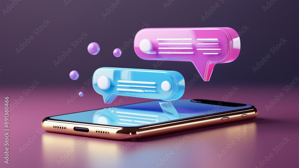 Poster 3d render smartphone with chatting bubble on social media application. user interface for web banner