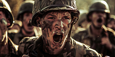 Morale Booster: A spirited soldier leading a chant with their comrades.