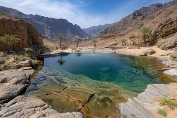 A striking desert oasis with vivid blue, crystal-clear water set against a backdrop of rugged hills and dotted with palms offering a serene view amidst desolation.
