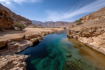 A serene desert oasis featuring crystal-clear blue waters and contrasting beige sands, surrounded by rugged rocky cliffs under a bright, cloud-streaked sky.