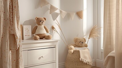 A pink wall with a white baseboard, wooden floor, white stool, wicker basket with blankets and teddy bear, and triangle-shaped flag banner above