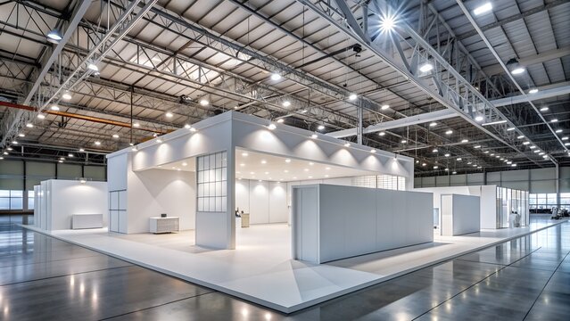 Empty trade show booth exhibit display in modern bright hall