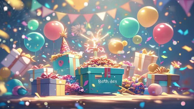 Colorful Birthday Celebration with Decorated Gift Boxes, Happy birthday. New Year presents, festive holiday shopping, christmas gifts in anime or cartoon illustration style video background