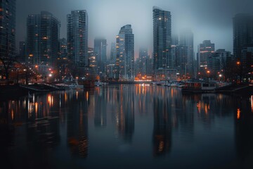Fototapeta premium A foggy urban cityscape features skyscrapers reflecting in a calm body of water, with evening lights illuminating the scene, creating a tranquil and mysterious atmosphere.