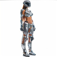 futuristic cyberwoman with highly developed technology on white background