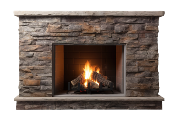 A Cozy Stone Fireplace Blazing With Warmth on a Crisp Winter Evening on a Clear PNG or White Background.