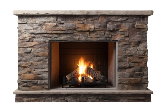 A Cozy Stone Fireplace Blazing With Warmth on a Crisp Winter Evening on a Clear PNG or White Background.
