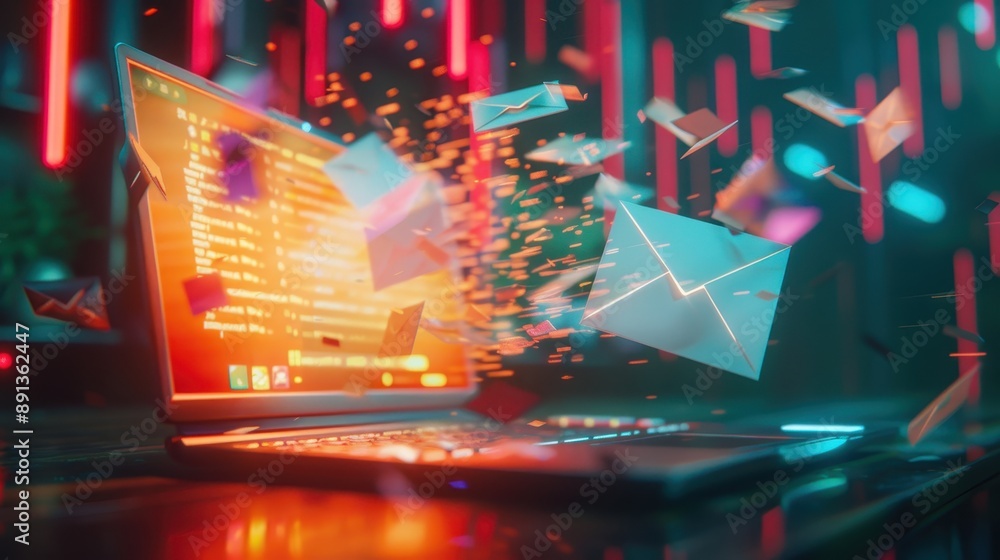 Poster futuristic laptop with a glowing screen, surrounded by a chaotic array of digital envelopes, suggest