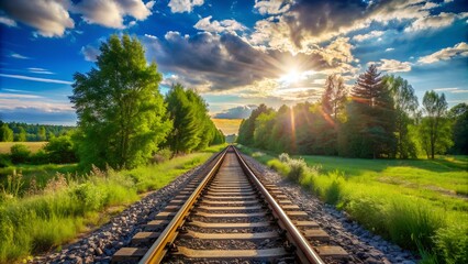Fototapeta premium Railroad track disappearing into the distance at sunset