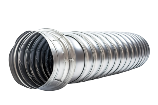 A Shiny Silver Flexible Ducting Pipe for Industrial Ventilation Systems on a Clear PNG or White Background.