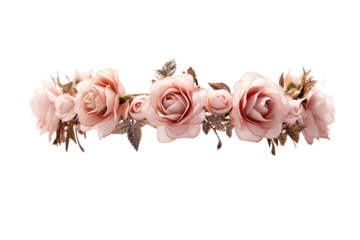 A Delicate Crown of Blush Pink Roses and Glimmering Leaves on a Clear PNG or White Background.