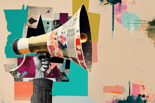 Contemporary art collage, Hand holding a megaphone decorated with various paper cutouts, conveying a message through a modern art collage