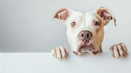 Obraz premium White dog with brown spots, likely a pit bull mix, with a direct gaze and a playful expression, standing behind a white surface with its front paws resting on it