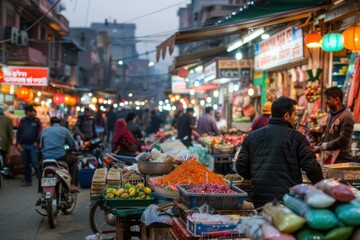 A crowded urban marketplace comes alive with vibrant stalls displaying diverse goods under the warm, inviting lights, capturing the essence of community hustle and vibrant commerce.