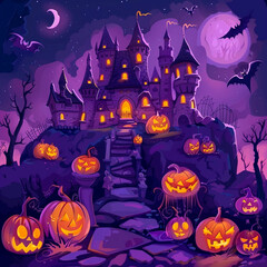 Spooky Halloween illustration with pumpkin castle, pumpkins, on a purple background in cartoon style
