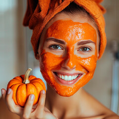 beautiful woman ​close-up, with an orange cosmetic mask applied to her face, smiling