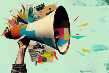Contemporary art collage, Designer is holding a megaphone surrounded by colorful modern art collage graphics, expressing the power of visual communication