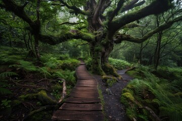Obraz premium A large moss-covered tree stands prominently in the center of a dense forest, with a wooden walkway inviting visitors to immerse in the lush, serene natural surroundings.