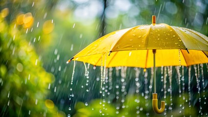 Bright yellow umbrella protecting from rain drops during a summer storm