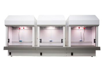 Three White Laboratory Fume Hoods With Fluorescent Lights and Red Nozzles on a Clear PNG or White Background.