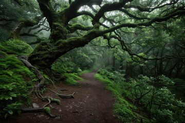 A captivating forest trail featuring massive, twisted tree branches enveloped in thick green moss and surrounded by verdant foliage, creating a sense of mystery and exploration.