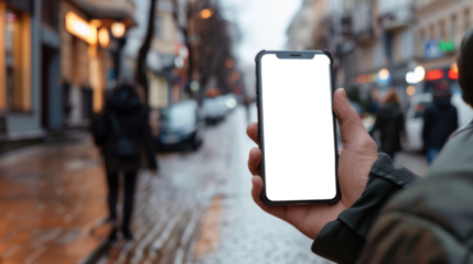 Man holding smartphone showing white blank screen
