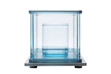 A Glass of Water Inside a Transparent Enclosure on a Silver Base on a Clear PNG or White Background.