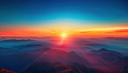 vibrant sunset over pristine mountain range the ozone layer visible as thin protective veil The sky transitions from orange to deep blue emphasizing the atmosphere's layers