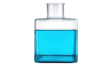 A Square Glass Bottle Filled With Turquoise Liquid Against a White Background on a Clear PNG or White Background.
