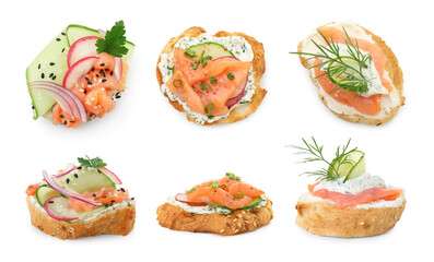 Set of different canapes isolated on white, top and side views