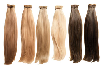 Six Sleek Streaks Of Straight Hair Extensions In Various Shades on a Clear PNG or White Background.