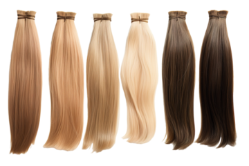 Six Sleek Streaks Of Straight Hair Extensions In Various Shades on a Clear PNG or White Background.