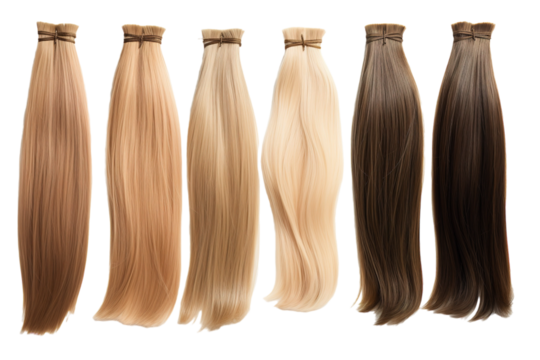 Six Sleek Streaks Of Straight Hair Extensions In Various Shades on a Clear PNG or White Background.