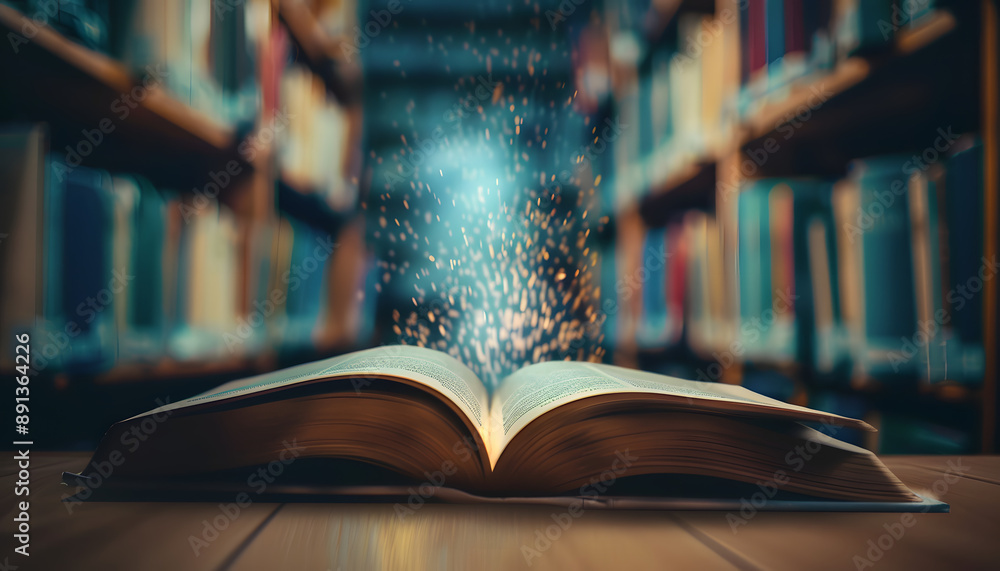 Poster closeup view of open book in library with blur bookshelf in background world book day, 