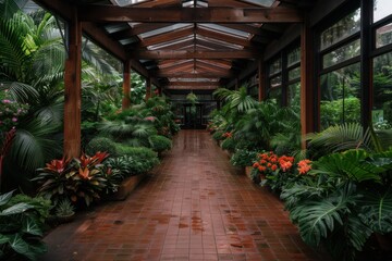 A plant-filled corridor with a red tile floor and glass roof, featuring various lush greenery that creates a tranquil and inviting indoor garden space perfect for relaxation.