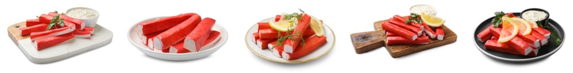 Tasty crab sticks isolated on white, set