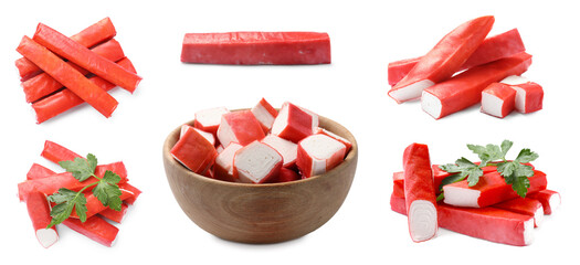 Tasty crab sticks isolated on white, set © New Africa