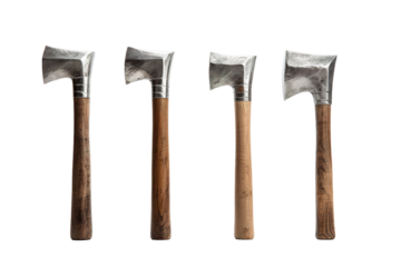A Quartet of Handcrafted Axes, Gleaming Steel and Polished Wood on a Clear PNG or White Background.