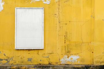 horizontal image of a blank white poster hanging on a worn yellow concrete wall, mockup space
